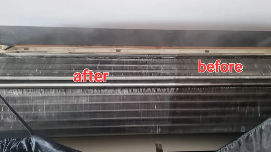 Aircon evaporator coil before and after cleaning, showing dirt removed